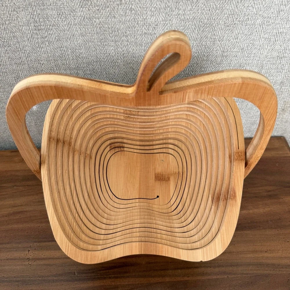 Farmhouse Bamboo Apple Shaped Collapsible Fruit Basket Wood Folding Bowl‎ Trivet